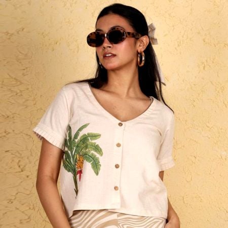 Handcrafted Banana Tree Print Cotton V Neck Shirt